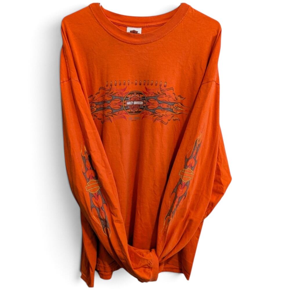 Vintage HARLEY DAVIDSON Long Sleeve Shirt Bar Shield Flames on Sleeves FL Men 2X